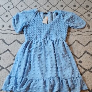 Blue Tiered Ruffled Puff Sleeve Sundress